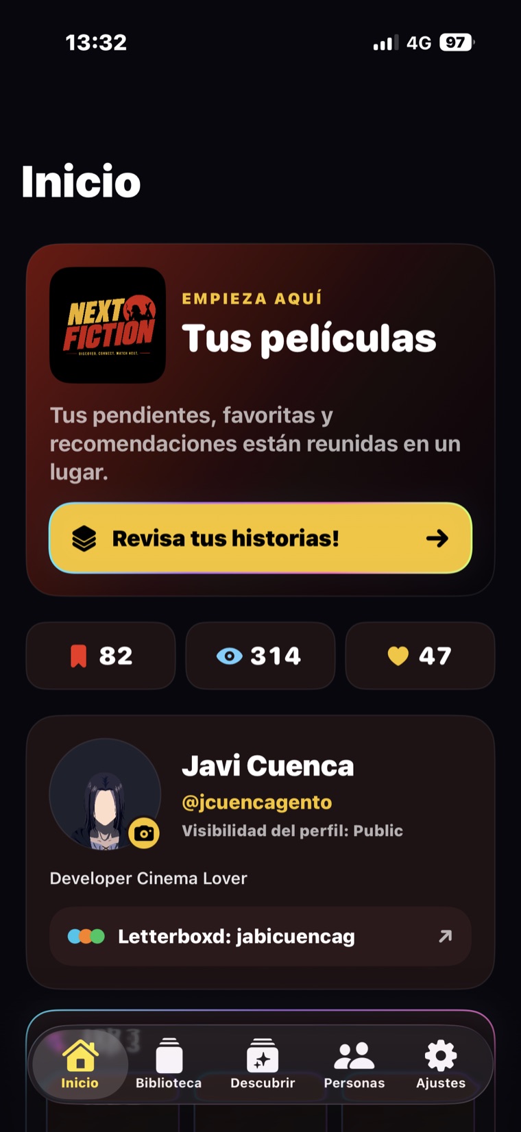 Pantalla de inicio y perfil de NextFiction