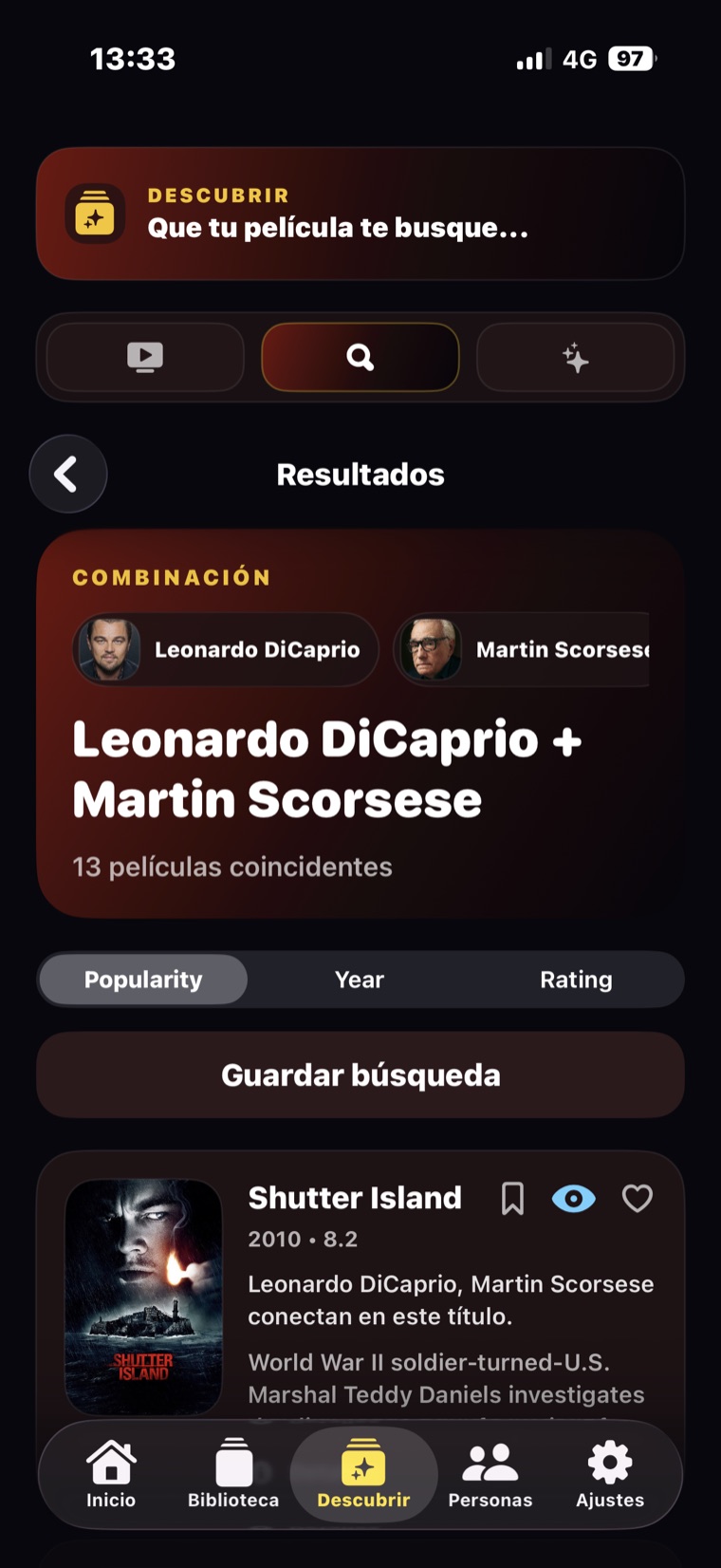 Búsqueda combinada de Leonardo DiCaprio y Martin Scorsese en NextFiction